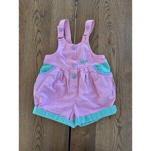 Vintage Lacoste Pink Green Short Overalls, Button Closure, Size 2T